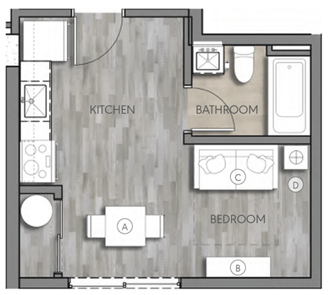 Floor plan for studio, 1 bath, 391 sqft